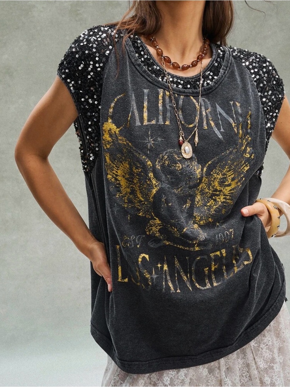 BOUTIQUE HIPPEE HARVEST SEQUIN TRIM BOHO CALIFORNIA TOP - Picture 7 of 7